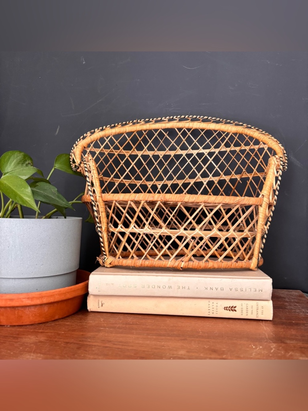 Vintage 1970s Woven Rattan Wicker Peacock Loveseat Plant Stand Boho Home Decor